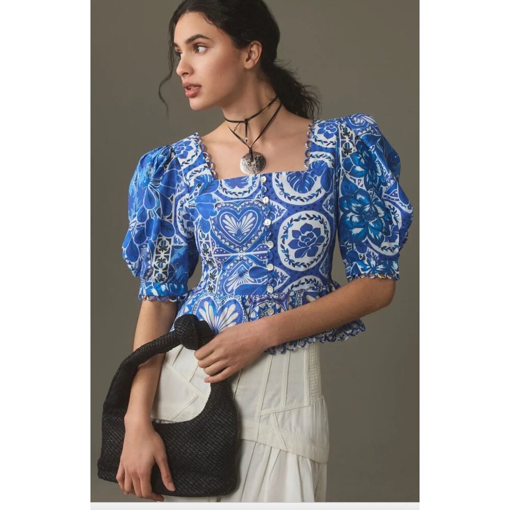 Farm Rio NEW Tile Dream Multicolor Short Sleeve Blouse, S